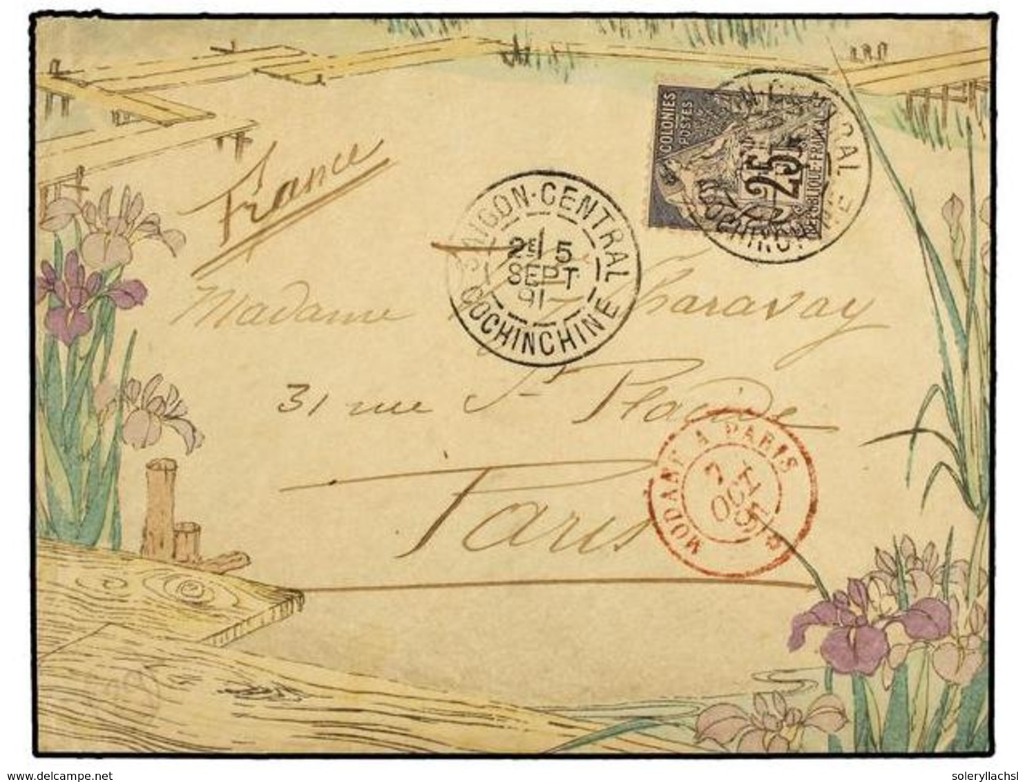 597 INDOCHINA FRANCESA. 1891 (Sept 5). Cover (decorative Japanese Envelope) Mailed From Saigon To Paris Franked By Gener - Sonstige & Ohne Zuordnung