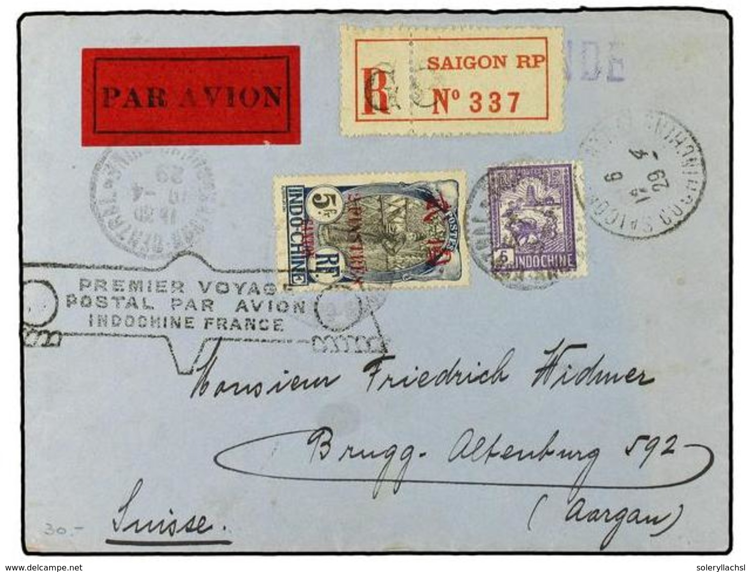 598 INDOCHINA. 1929. Airmail Registered Cover To Switzerland Franked By Canton 1919 <B>2 Pi.</B> <B>on 5 Fr</B>. (Scott  - Autres & Non Classés