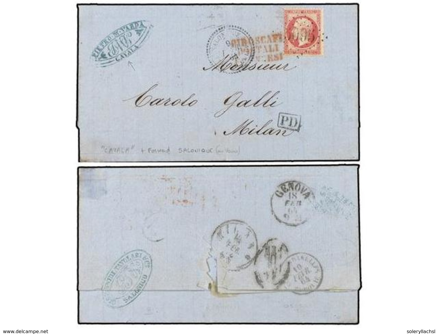 602 LEVANTE: CORREO FRANCES. 1864 (Feb 9). Cover From CAVALLA To MILAN, Franked By France 1862 <B>80c.</B> Carmine Tied  - Andere & Zonder Classificatie