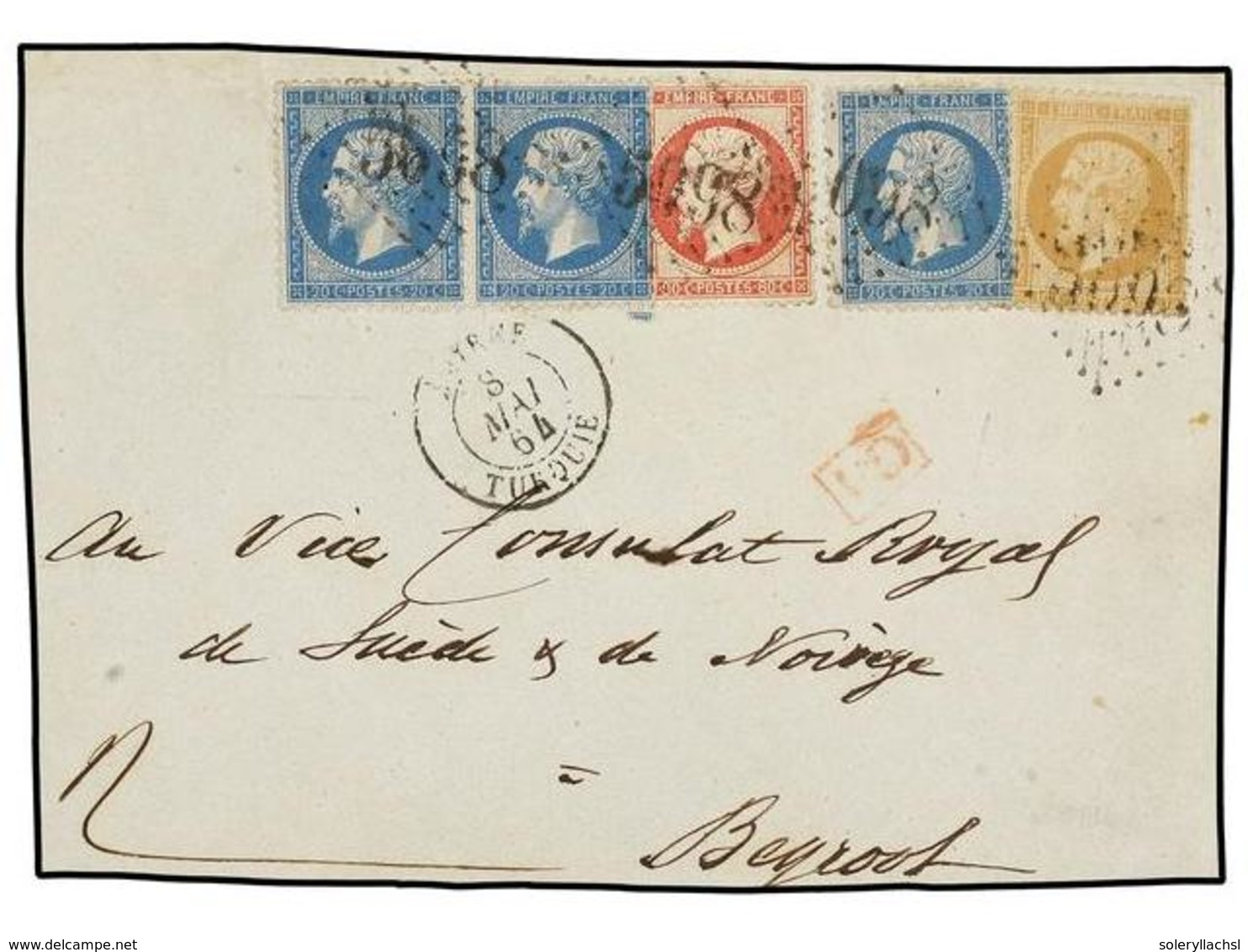 603 LEVANTE: CORREO FRANCES. 1864. <B>FRONT ONLY</B>. SMYRNE To BEYROUTH. Franked With French <B>10 Cts.</B> Bister, <B> - Autres & Non Classés