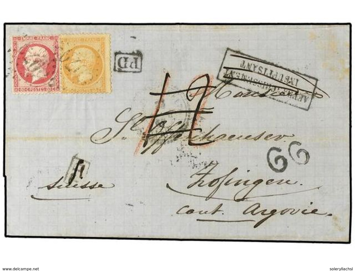 604 LEVANTE: CORREO FRANCES. 1867 (Apr 22). Cover From ALEPPO To SWITZERLAND Franked By France 1862 <B>40 C.</B> Vermili - Andere & Zonder Classificatie