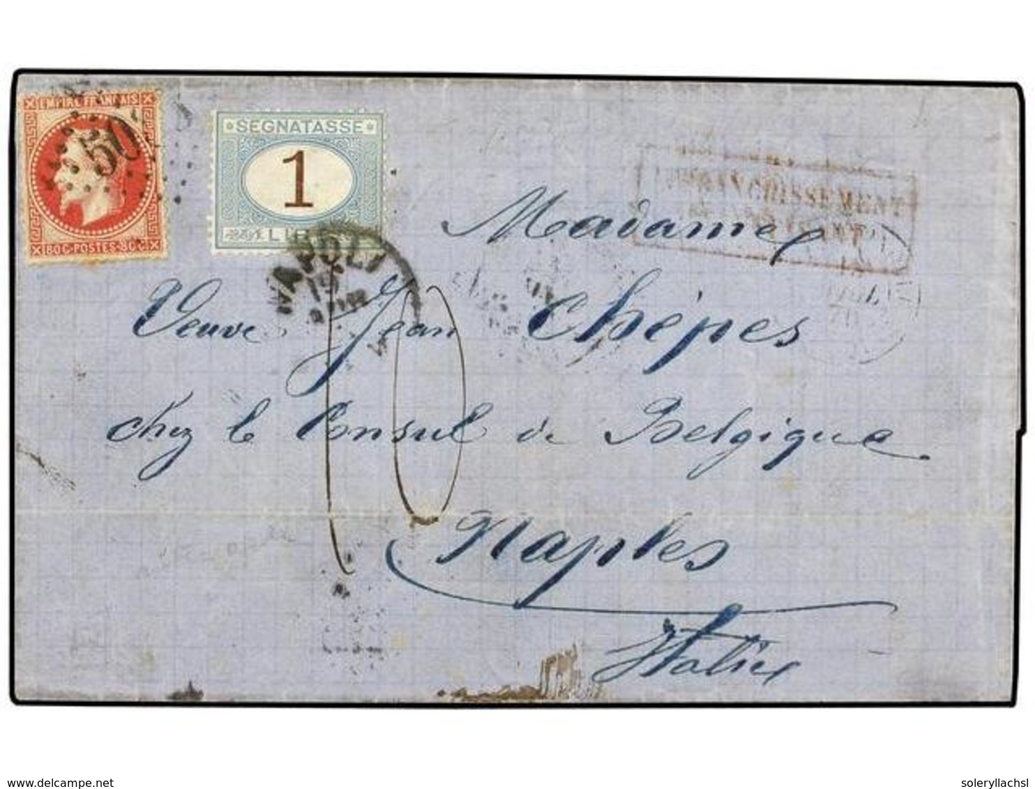 606 LEVANTE: CORREO FRANCES. 1870 (13 Apr.). Envelope From CONSTANTINOPLE To NAPLES, Bearing 1867 <B>80 C.</B> Carmine T - Andere & Zonder Classificatie