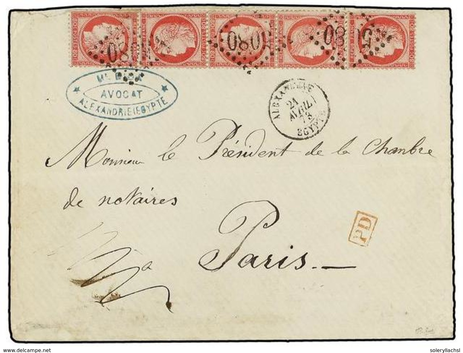 607 LEVANTE: CORREO FRANCES. 1873. Cover Franked With Five France <B>80c.</B> Rose Ceres Issue (Yv. 57, Left Stamp Damag - Andere & Zonder Classificatie