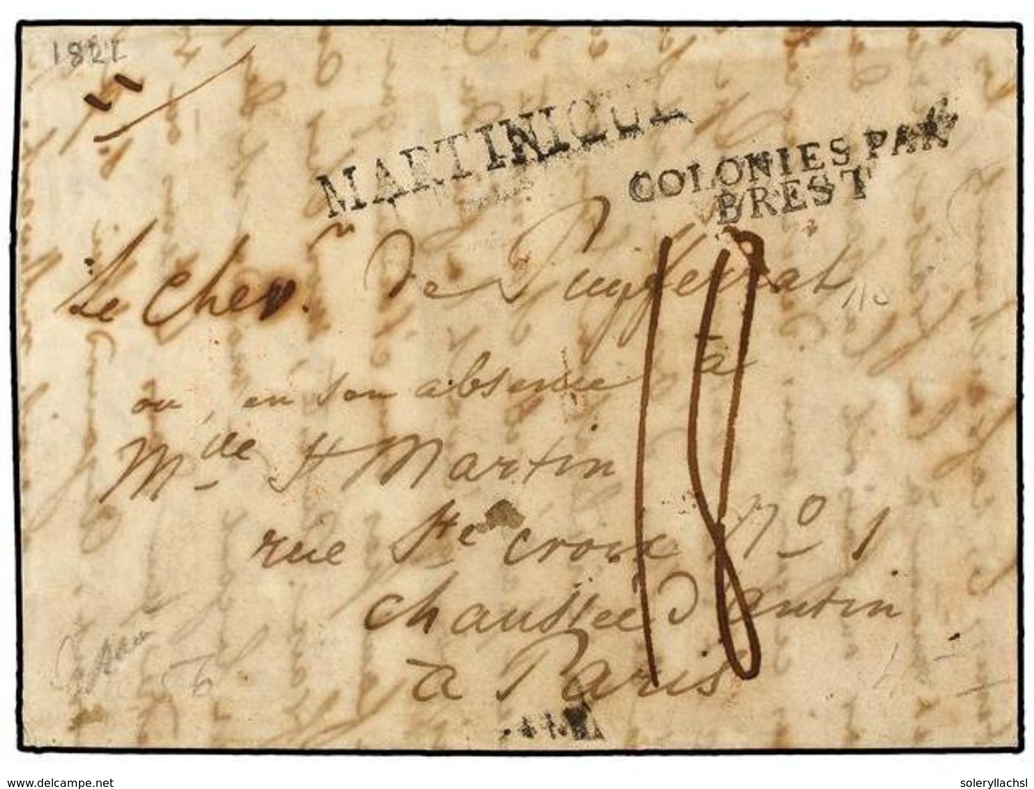 613 MARTINICA. 1821. MARTINIQUE A PARÍS. Marca<B> MARTINIQUE</B> Y De Entrada<B> COLONIES PAR/BREST.</B> Carta Desinfect - Andere & Zonder Classificatie