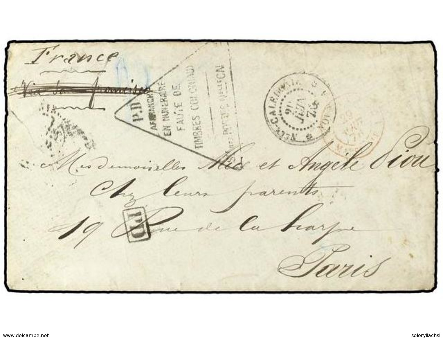 625 NUEVA CALEDONIA. 1876 (June 21). Stampless Cover Prepaid To PARIS With <B>NOUMEA</B> Despatch Cds In Black And Trian - Andere & Zonder Classificatie