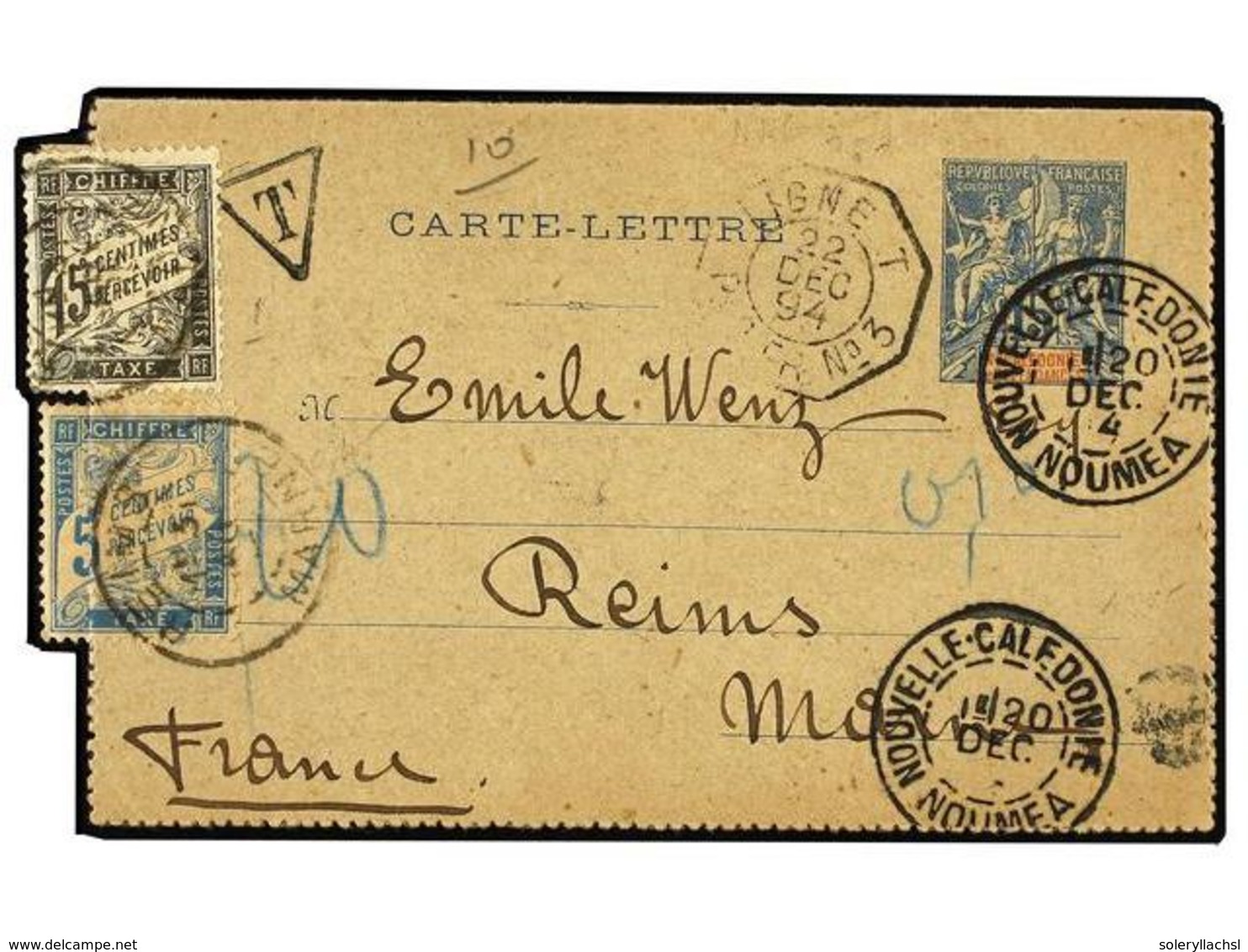 628 NUEVA CALEDONIA. 1904 (Dec 20). <B>15c.</B> Blue & Red On Buff Postal Stationery Letter-card, Used Example Mailed Fr - Andere & Zonder Classificatie