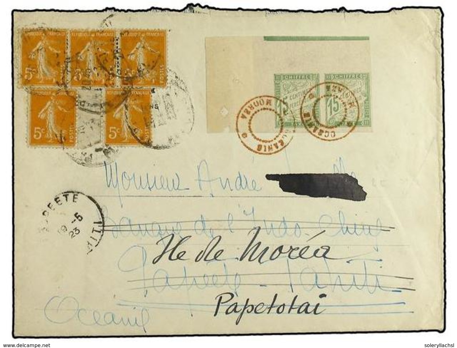 630 OCEANIA. 1923. Incoming Mail From France Bearing French Sower <B>5 C</B> Orange/red (5) (Yvert 158) Tied By <B>PARIS - Sonstige & Ohne Zuordnung