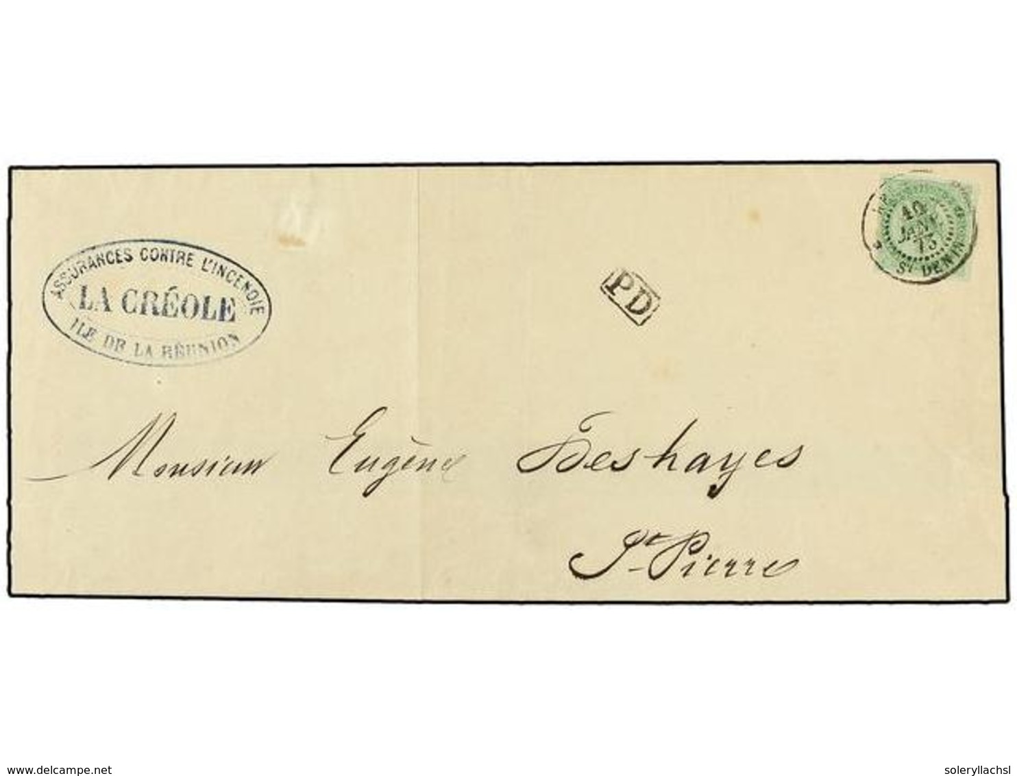 633 REUNION. Ce.2. 1873 (Jan 10). Local Drop Letter Franked By Eagle 1859-65 <B>5c.</B> Green Tied By <B>REUNION-ST. DEN - Sonstige & Ohne Zuordnung