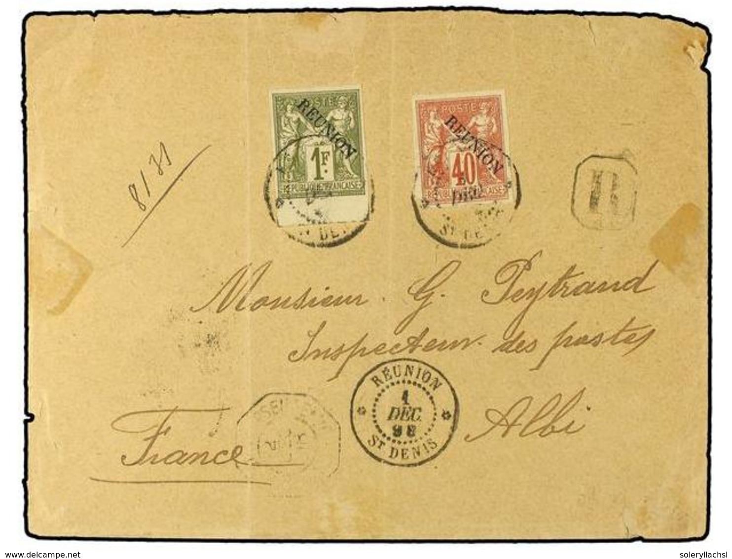 635 REUNION. 1891. <B>40 C.</B> Red + <B>1 F.</B> Bronze Green, Tied By <B>ST. DENIS</B> Cds's On An 1898 Registered Cov - Sonstige & Ohne Zuordnung