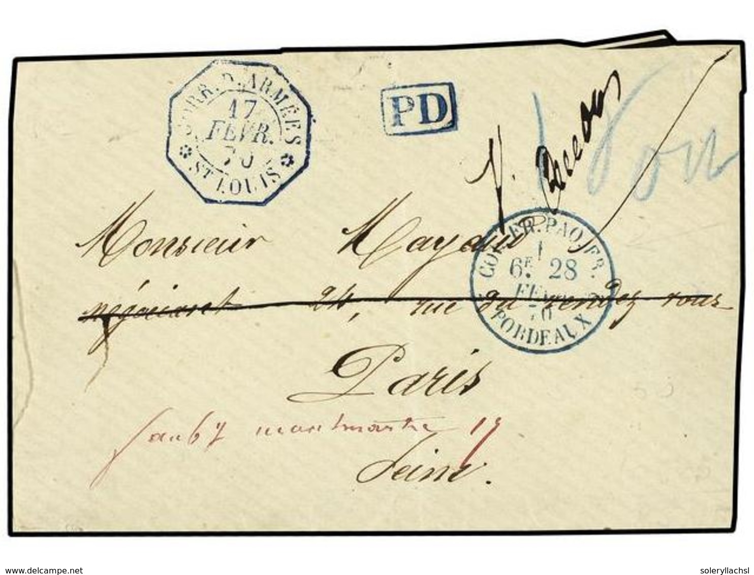 637 SENEGAL. 1870. ST. LOUIS A FRANCIA. Carta Con Franquicia Militar (al Dorso). Fechador Octogonal <B>CORR. D. ARMEES/* - Autres & Non Classés