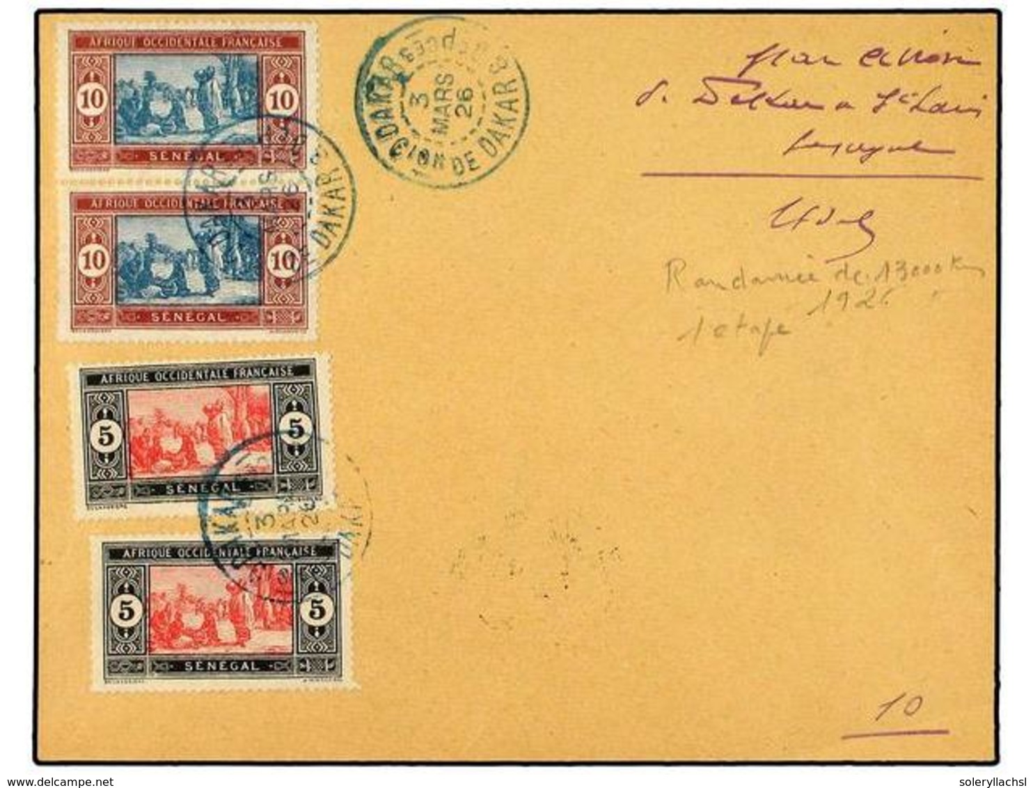 638 SENEGAL. 1926 (3-III). VUELO Especial DAKAR-ST. LOUIS. Carta Con Franqueo De <B>5 Cts.</B> (2) Y <B>10 Cts.</B> Con  - Autres & Non Classés