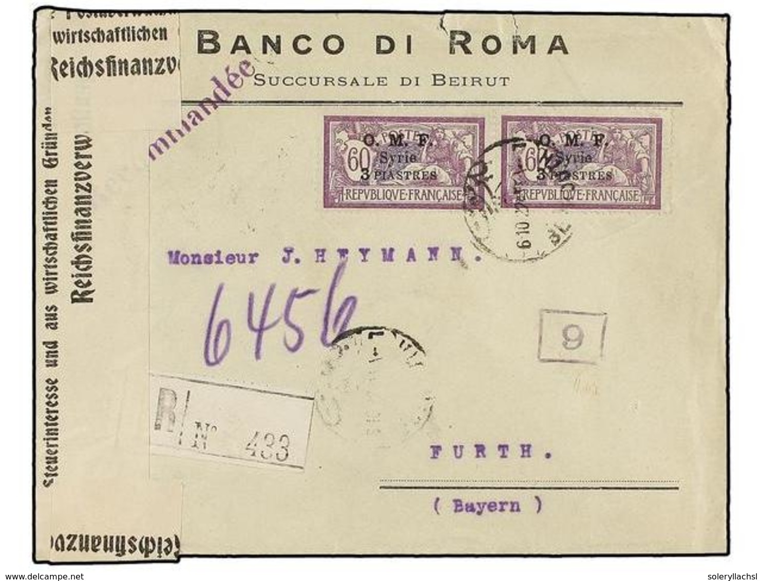 641 SIRIA. 1922. BYROUTH To GERMANY. <B>3 Pi On 60 Cts.</B> (2) Registered Cover With Censura Labels. - Autres & Non Classés