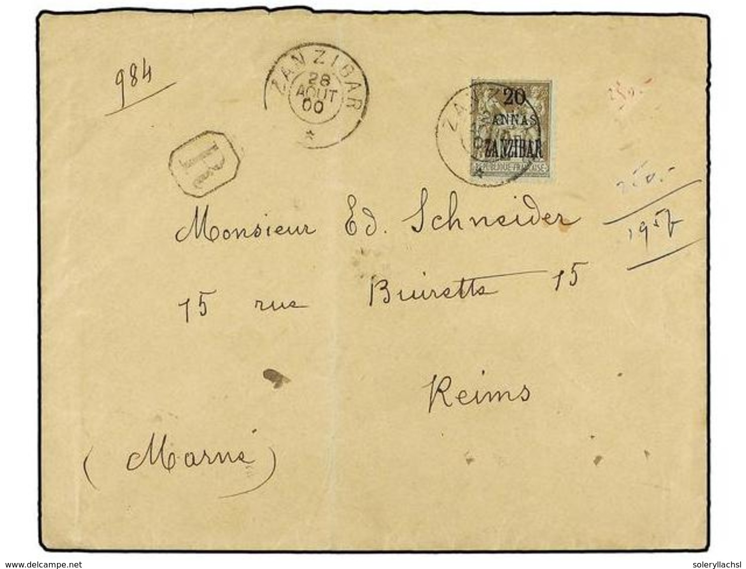 649 ZANZIBAR. Ce.30. 1900 (Aug 28). Registered Cover To REIMS Franked By 1896 <B>20a. On 2fr.</B> Blistre On Azure Tied  - Other & Unclassified