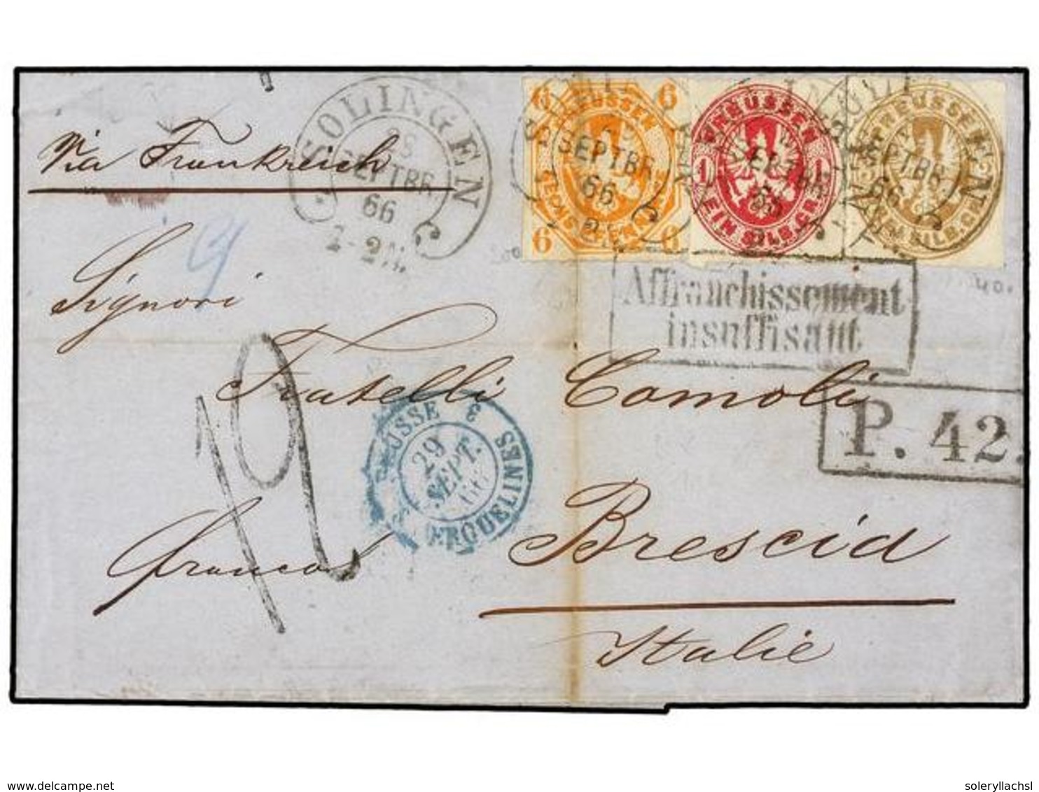 655 ALEMANIA ANTIGUOS ESTADOS: PRUSIA. 1866. SOLINGEN To ITALY. <B>1 Sgr., 3 Sgr.</B> And <B>6 Sgr.</B> With <B>AFFRANCH - Andere & Zonder Classificatie