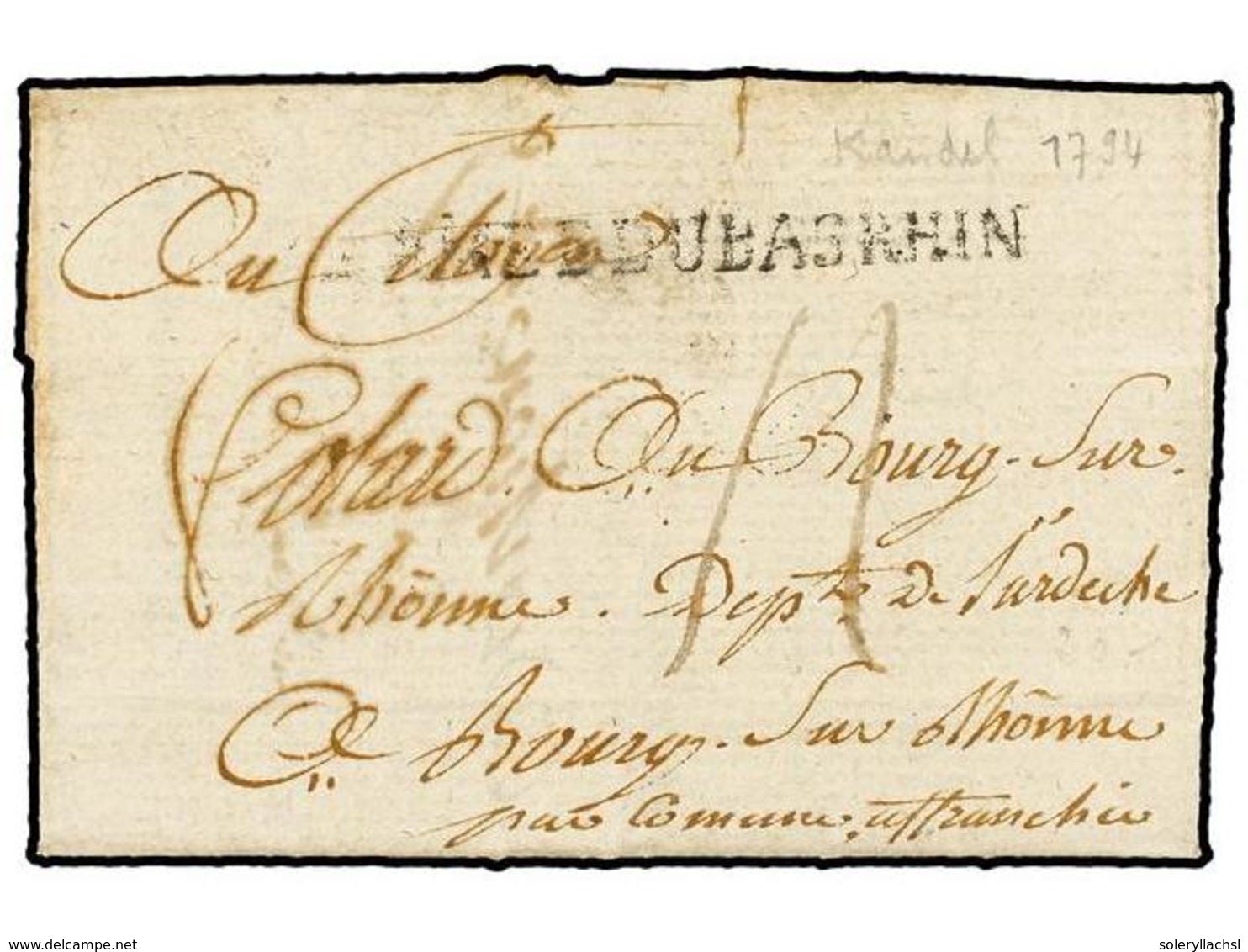 666 ALEMANIA. 1794. KANDEL To FRANCE. Entire Letter With <B>ARMEE DU BAS RHIN</B> Mark. - Andere & Zonder Classificatie