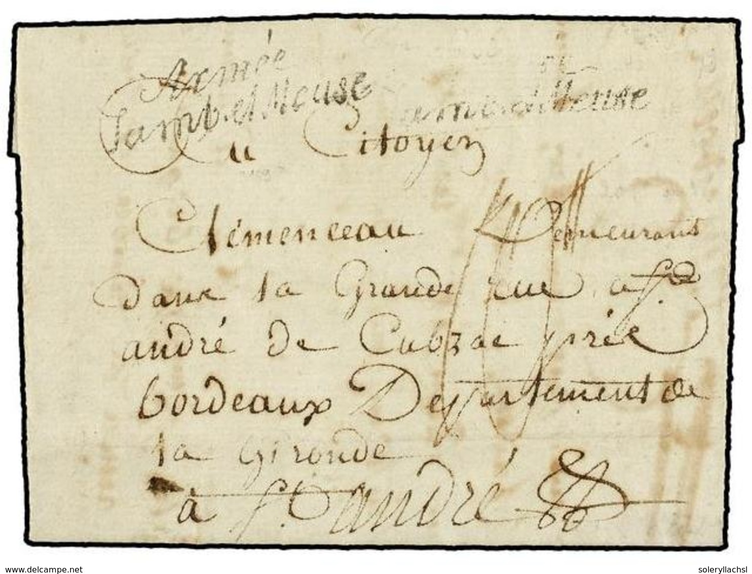 674 ALEMANIA. 1796. COLOGNE To FRANCE. Entire Letter With <B>ARMEE/SAMB.ET MEUSE</B> Mark. - Autres & Non Classés