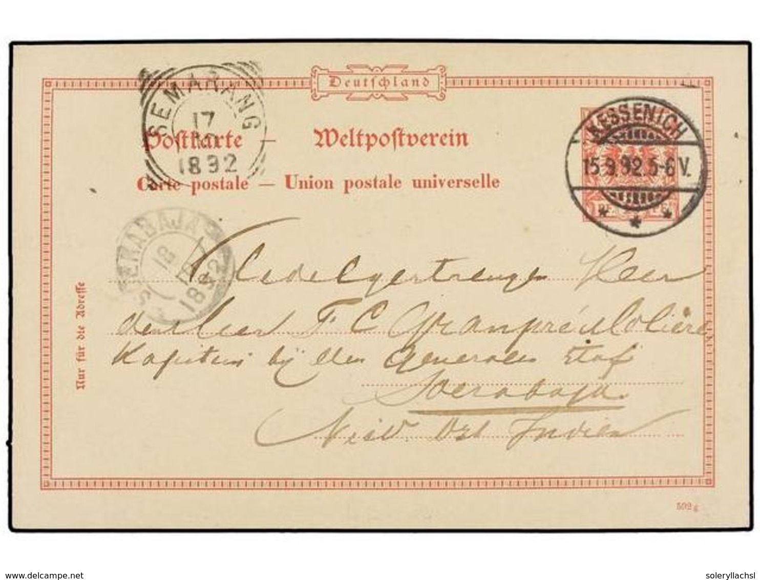 687 ALEMANIA. 1892. KESSENICH To SOERABAJA. <B>10 Pf. </B>red Postal Stationery Card. Arrival Cds. On Front. - Sonstige & Ohne Zuordnung