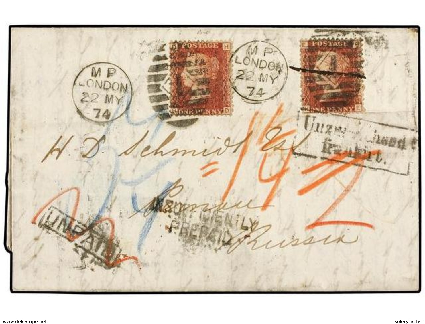 693 GRAN BRETAÑA. 1874. Insufficiently Prepaid Letter Franked With Two Penny Reds, And Sent To RUSSIA Via GERMANY. Stamp - Other & Unclassified
