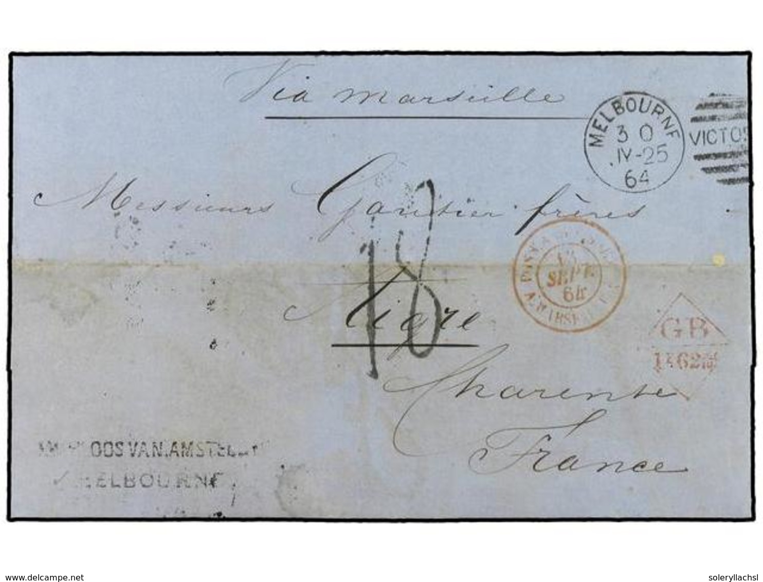 696 AUSTRALIA. 1864. Stampless Envelope To France Cancelled By Melbourne Duplex Routed Via London With Anglo-French Acco - Sonstige & Ohne Zuordnung