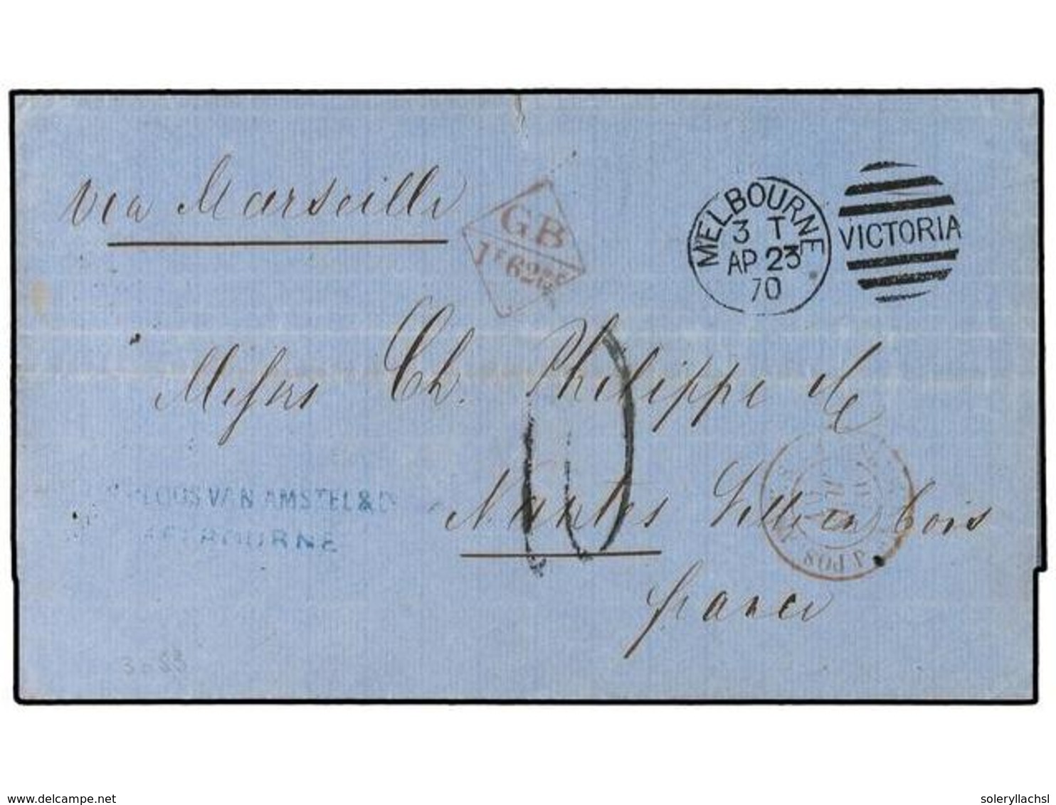 698 AUSTRALIA. 1870. Unfranked Wrapper To Nantes, Franc, Bearing <B>Melbourne</B> <B>'Victoria'</B> Duplex Datestamp.  A - Andere & Zonder Classificatie