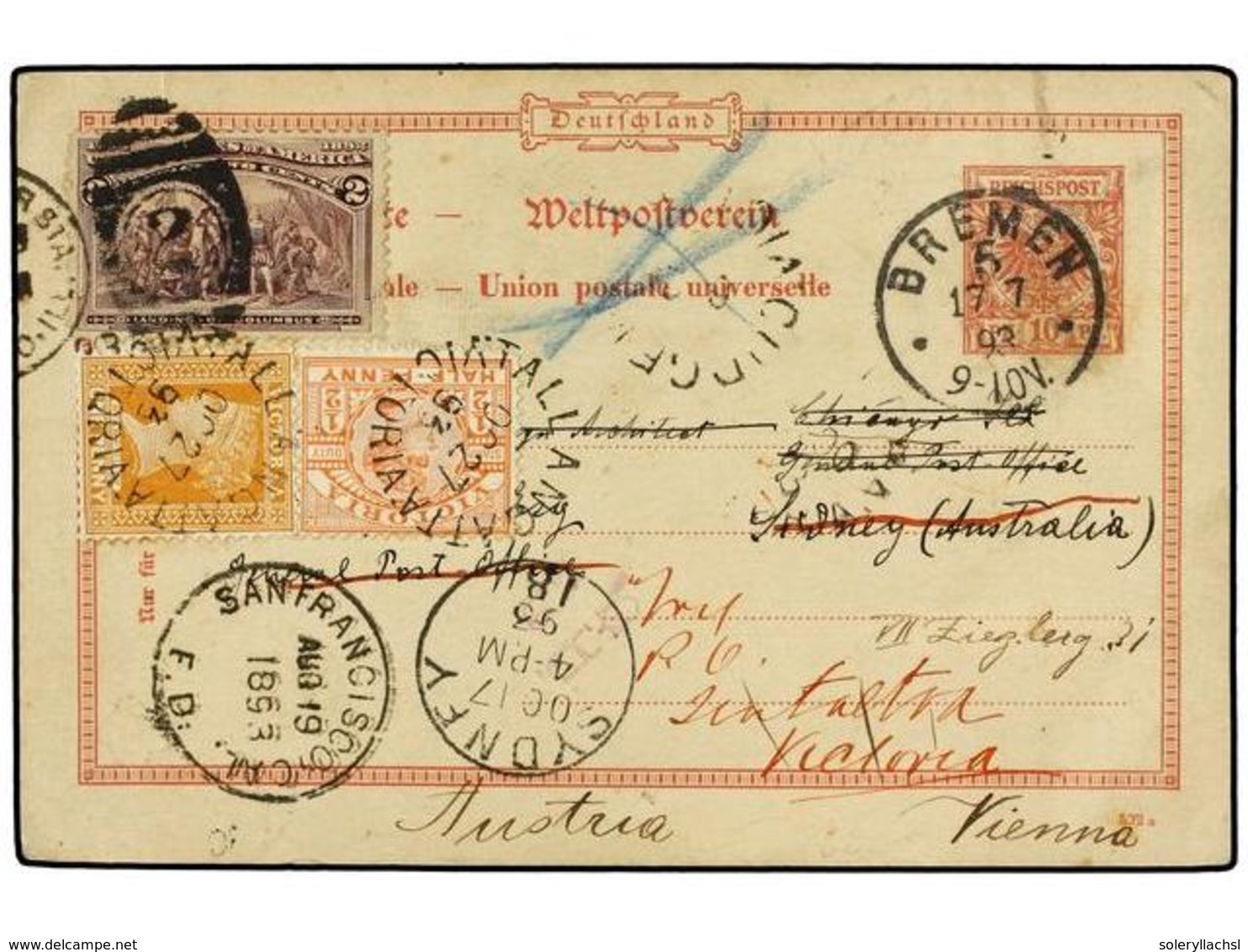 699 AUSTRALIA. 1893. Around The World 1893 Stationery Card Sent To SIDNEY (Australia), Redirected To VICTORIA, Where <B> - Andere & Zonder Classificatie