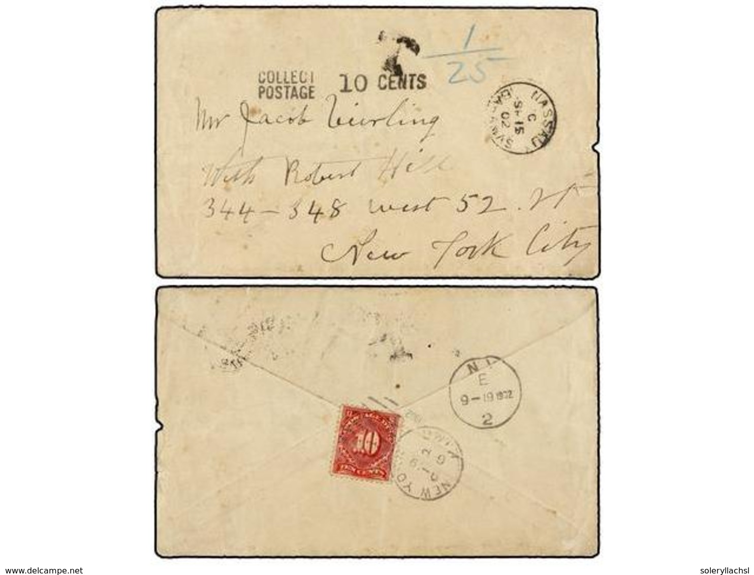 702 BAHAMAS. 1902. NASSAU To NEW YORK. Envelope Send Unfranked Taxed On Arrival With USA. <B>10 Cents.</B> Red Stamp. - Autres & Non Classés