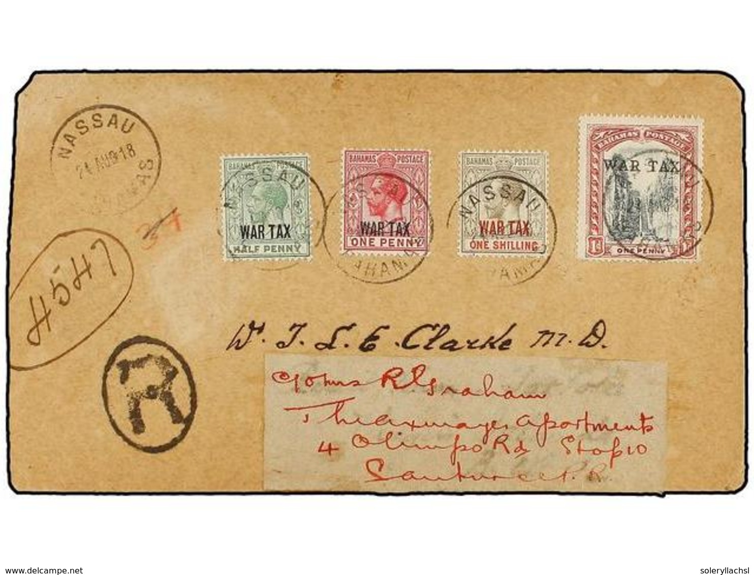 703 BAHAMAS. 1918. NASSAU To U.S.A. <B>1/2 D., 1 D.</B> (2), <B>1 Sh.</B> <B>WAR TAX</B> Stamps, Arrival On Reverse. - Autres & Non Classés
