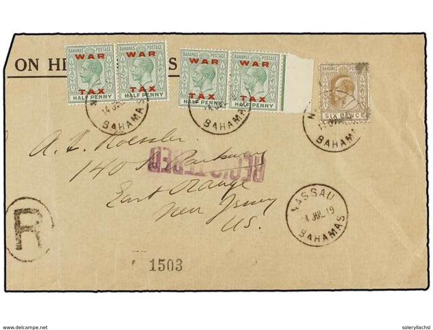 704 BAHAMAS. 1919. NASSAU To U.S.A. <B>1/2 D. </B>(4) <B>WAR TAX</B> Stamps And <B>6 P.</B> Arrival On Reverse. - Sonstige & Ohne Zuordnung