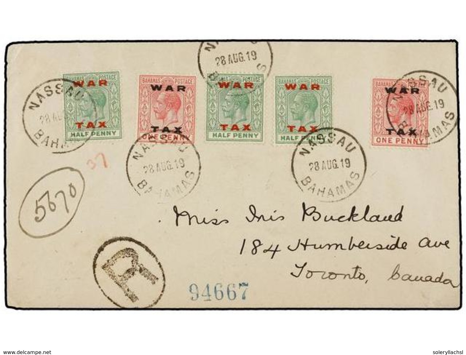 705 BAHAMAS. 1919. NASSAU To TORONTO (Canada). <B>1/2 D.</B> (3), <B>1 D.</B> (2) <B>WAR TAX</B> Stamps, Arrival On Reve - Autres & Non Classés