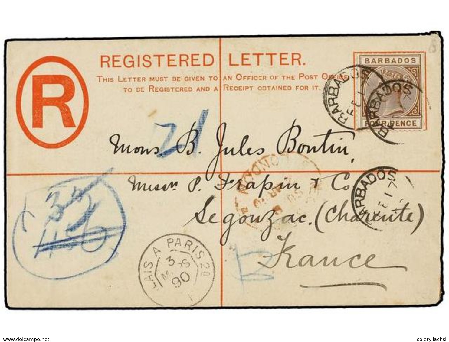 706 BARBADOS. 1890. BARBADOS To FRANCE. <B>2 Pence</B> Registered Postal Stationary Envelope Uprated With <B>4 D.</B> St - Andere & Zonder Classificatie