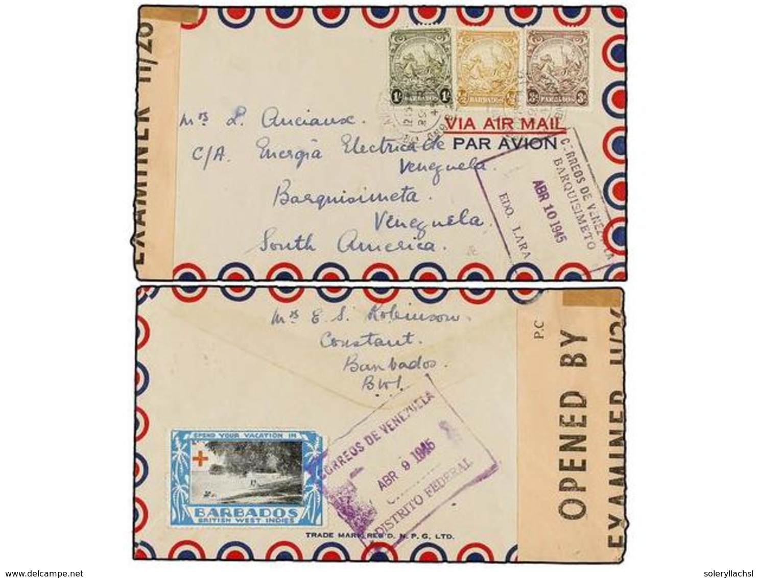 708 BARBADOS. 1945. BARBADOS To VENEZUELA. <B>1/2 D.</B>, <B>3 D.</B> And <B>1 Sh.</B> (fault) On Back Barbados Propagan - Sonstige & Ohne Zuordnung