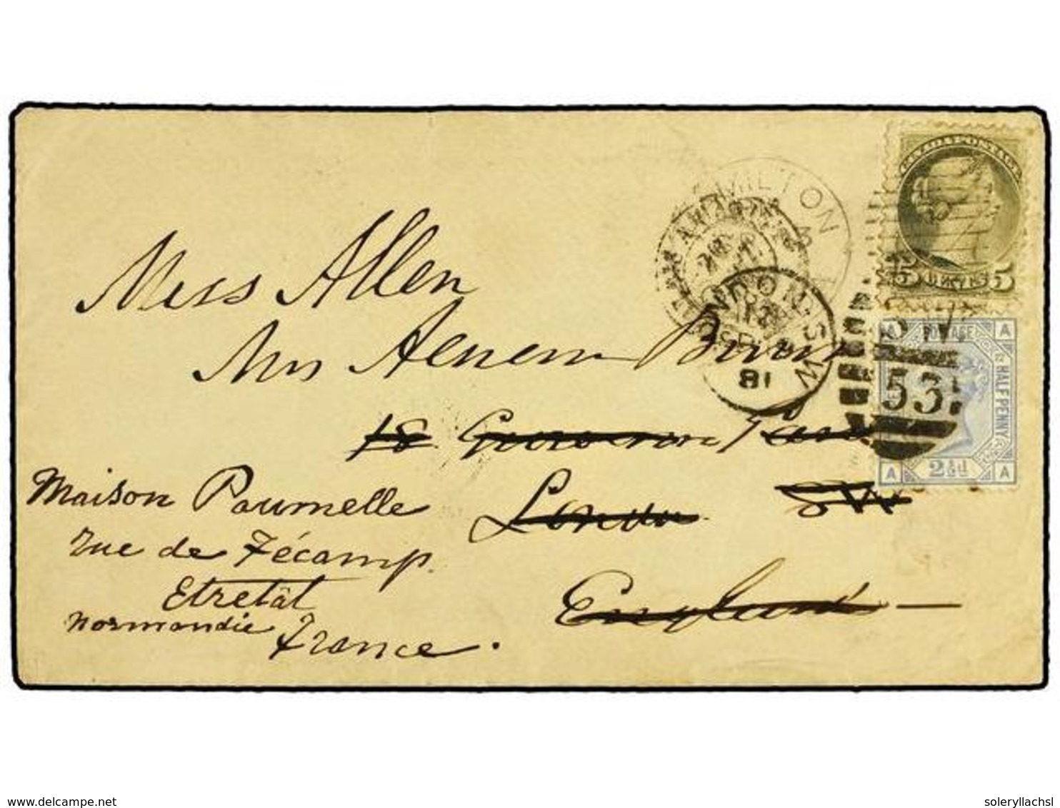 711 CANADA. 1881 (Sept 3). Cover From HAMILTON To LONDON Franked By Small Queen <B>5c</B>. Slate Grey-green Tied By <B>H - Other & Unclassified