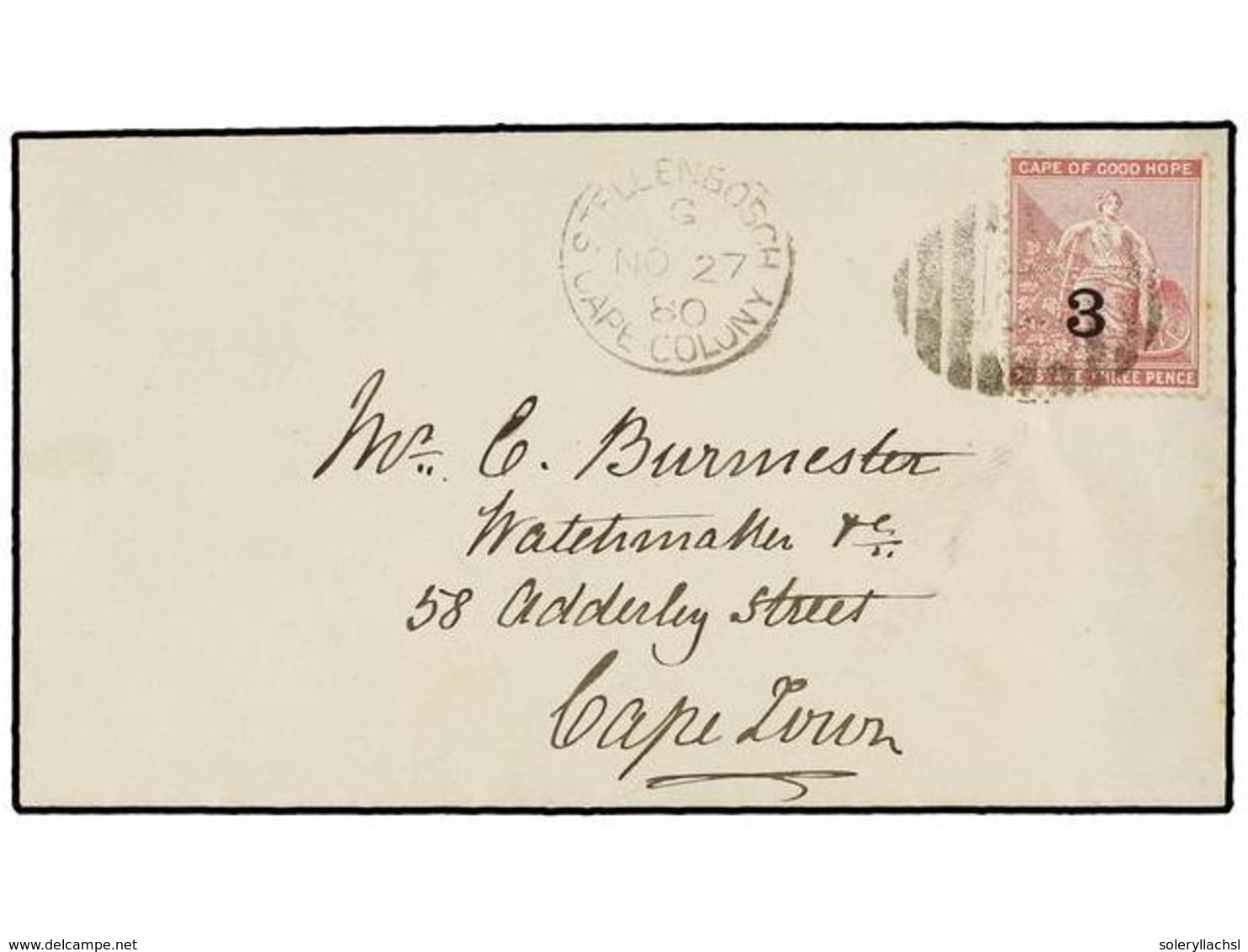 712 CABO DE BUENA ESPERANZA. Sg.37. 1880. STELLENBOSCH To CAPE TOWN. Envelope Franked With <B>3 On 3 D.</B> Rose Lilac,  - Autres & Non Classés