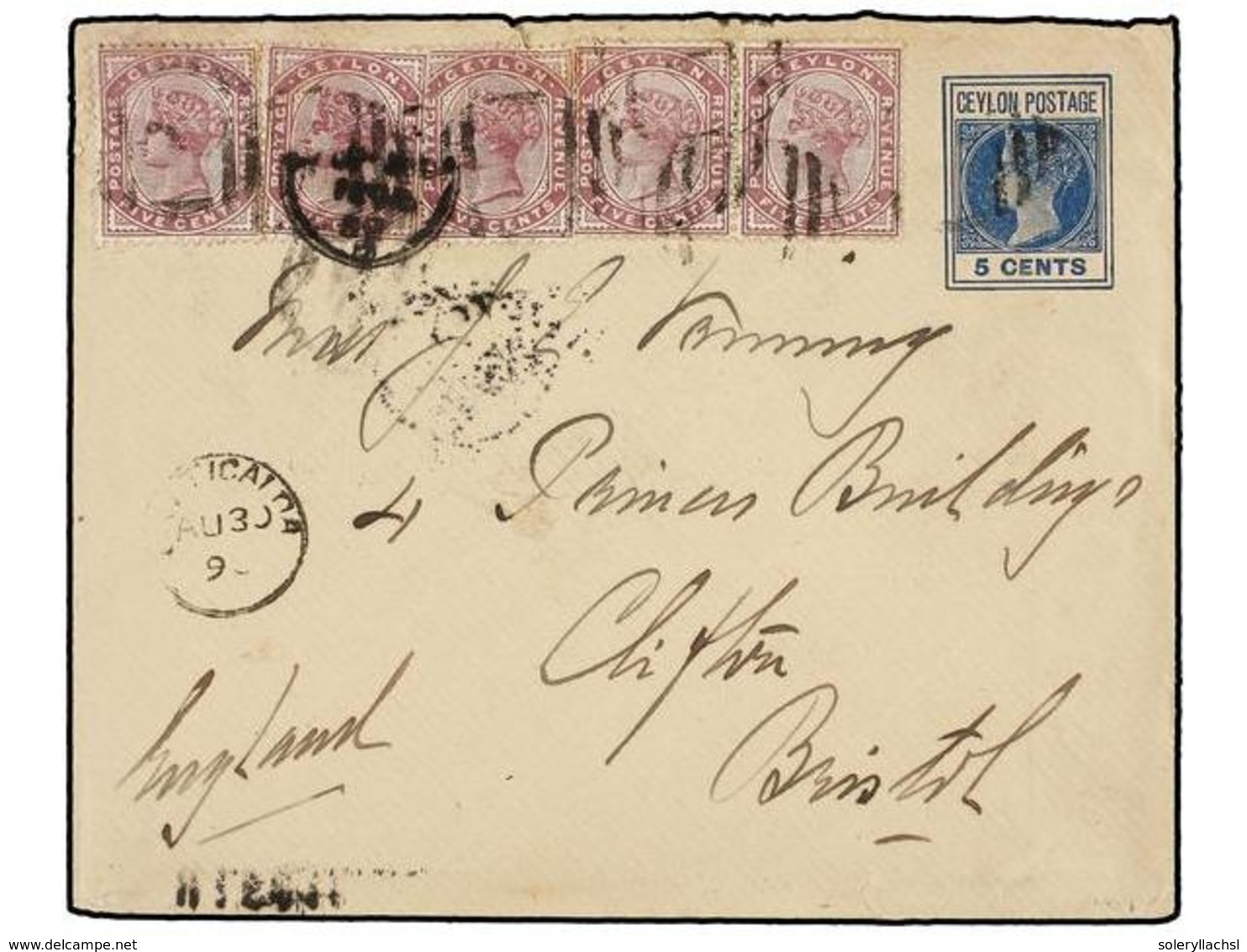 714 CEILAN. 1896. CEYLON To ENGLAND. <B>5 Cents.</B> Postal Stationary Envelope Uprated With Five <B>5 Cents.</B> Stamps - Autres & Non Classés