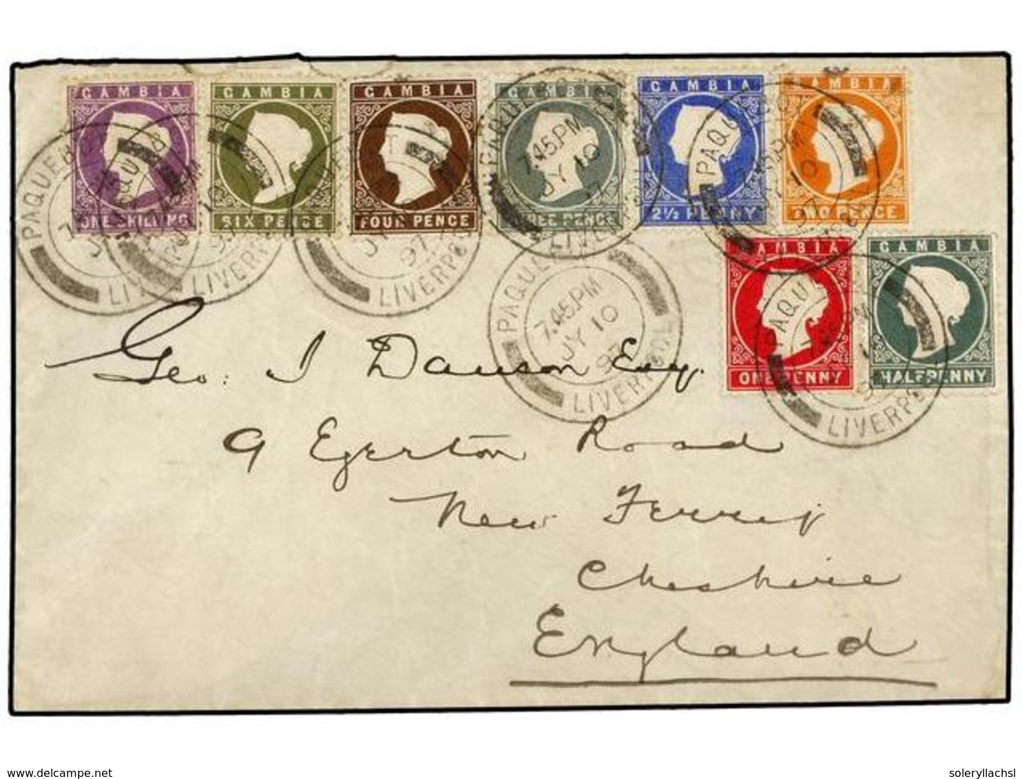 717 GAMBIA. Sg.21/35. 1897. BATHURST To ENGLAND. Complete Set On Cover, With <B>PAQUEBOT/LIVERPOOL</B> Cancel. Arrival O - Andere & Zonder Classificatie