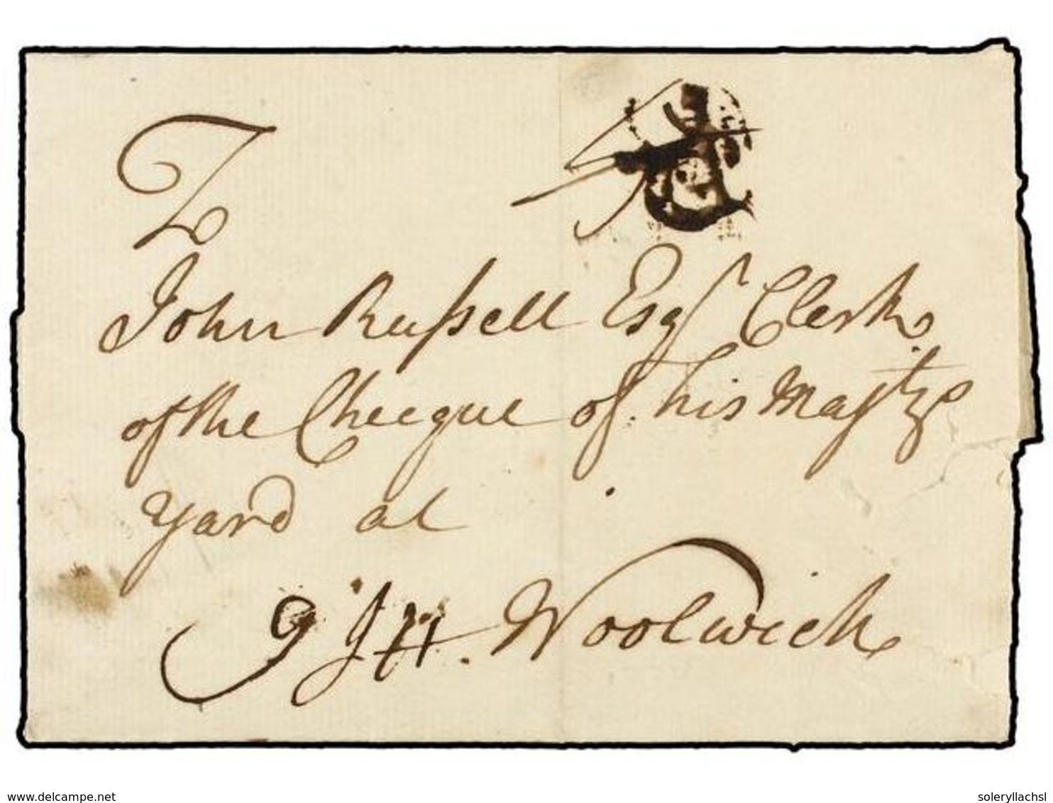 719 GIBRALTAR. 1734. GIBRALTAR To WOOLWICH. Entire Letter With London <B>BISHOP</B> Mark. Charge <B>'9'</B> And <B>Crown - Autres & Non Classés