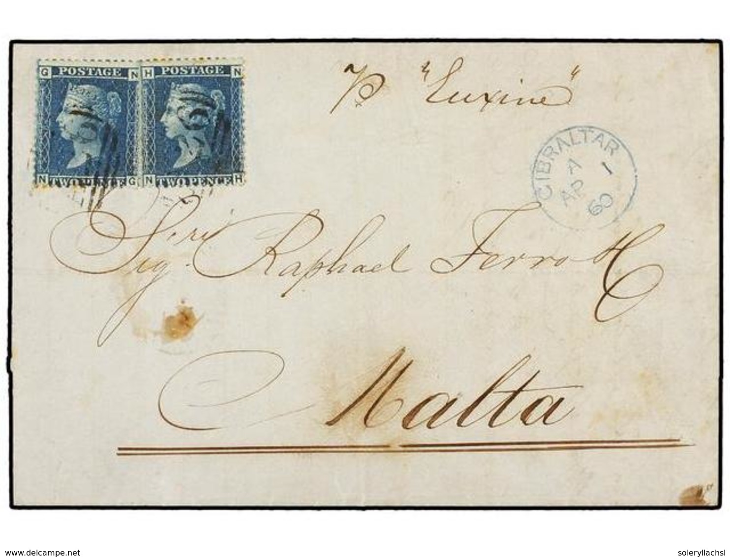 729 GIBRALTAR. 1860. GIBRALTAR To MALTA. Folded Letter Franked With Two GB <B>2 D.</B> Blue Stamps Cancelled By <B>A 26< - Autres & Non Classés