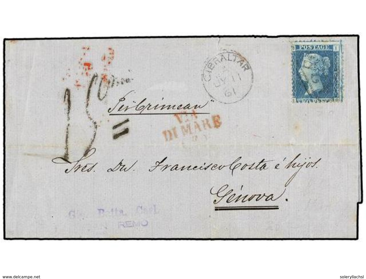 730 GIBRALTAR. 1861. GIBRALTAR To GENOVA (Italy). Folded Letter Franked With GB <B>2 D.</B> Blue Stamp Cancelled By <B>A - Autres & Non Classés