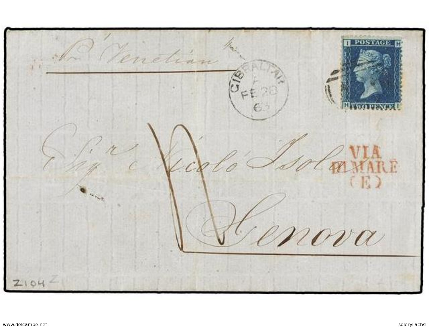731 GIBRALTAR. 1863. GIBRALTAR To GENOVA (Italy). Folded Letter Franked With GB <B>2 D.</B> Blue Stamp, Cancelled<B> A 2 - Sonstige & Ohne Zuordnung