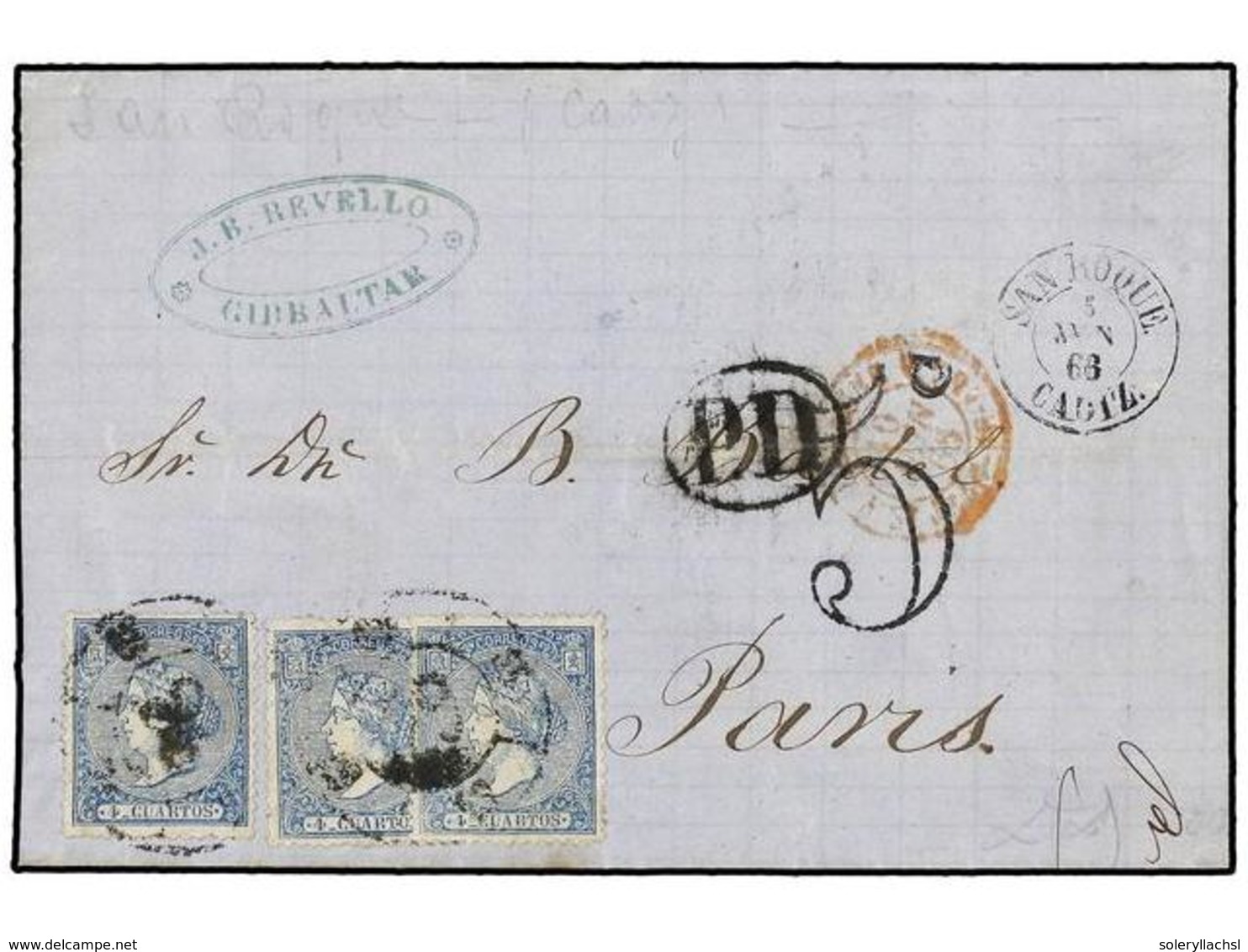 732 ESPAÑA. Ed.81 (2). 1866. GIBRALTAR A PARÍS. <B>4 Cuartos</B> Azul (3). Mat. <B>R.C. 63</B> De San Roque. RARO Franqu - Andere & Zonder Classificatie