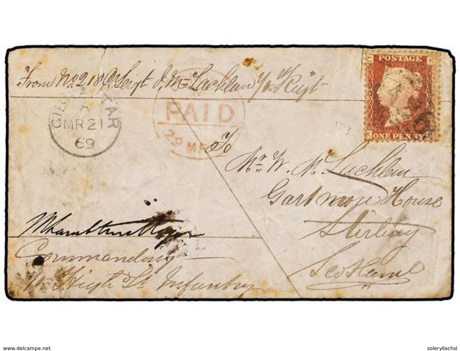 733 GIBRALTAR. 1869. GIBRALTAR To STIRLING (Scotland). <B>SOLDIER'S LETTER.</B> Envelope Franked With <B>GB 1 D.</B> Red - Andere & Zonder Classificatie