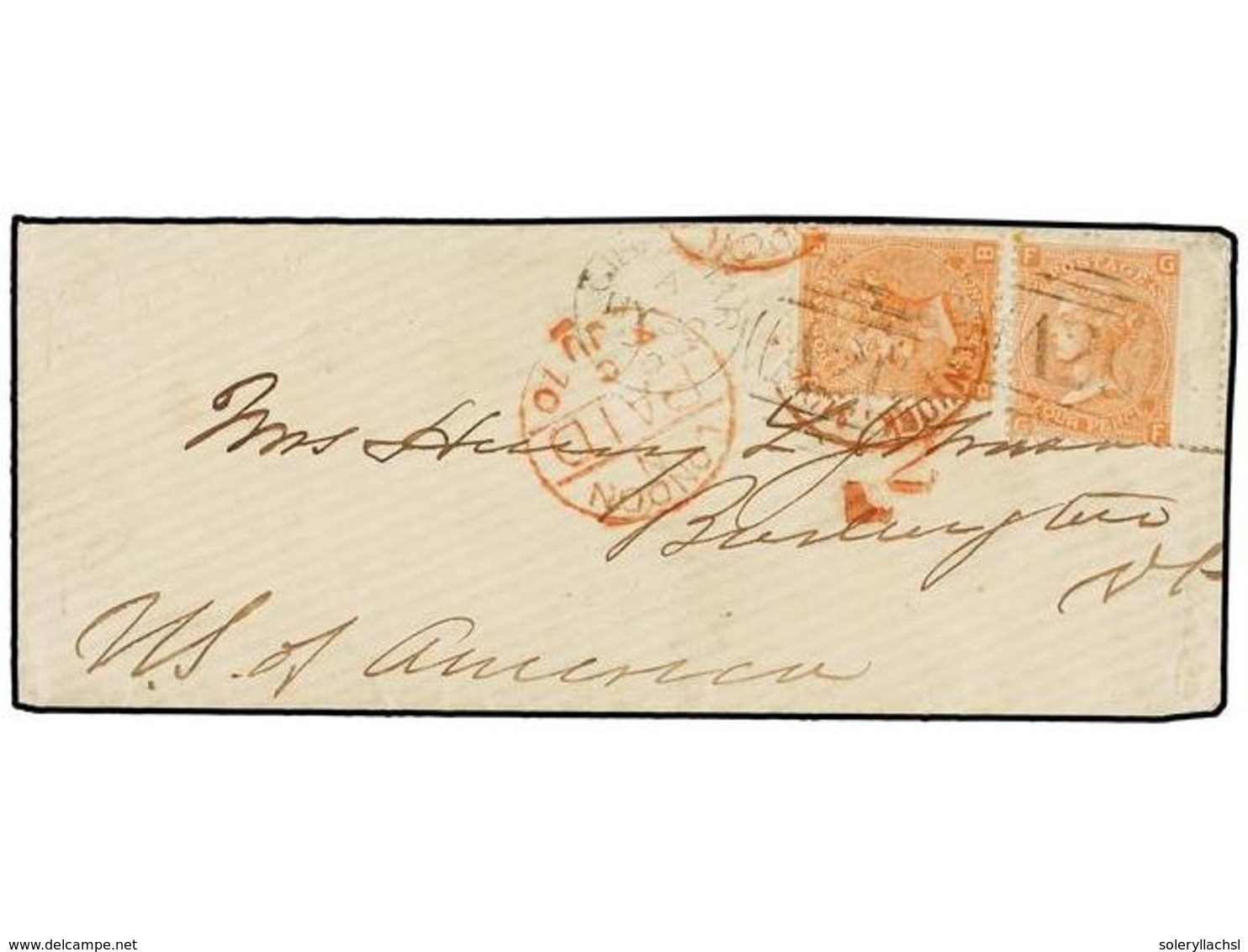 735 GIBRALTAR. 1870. GIBRALTAR To USA. Envelope Franked With Two GB <B>4 D.</B> Orange (pl. 11) Cancelled By Duplex <B>G - Altri & Non Classificati