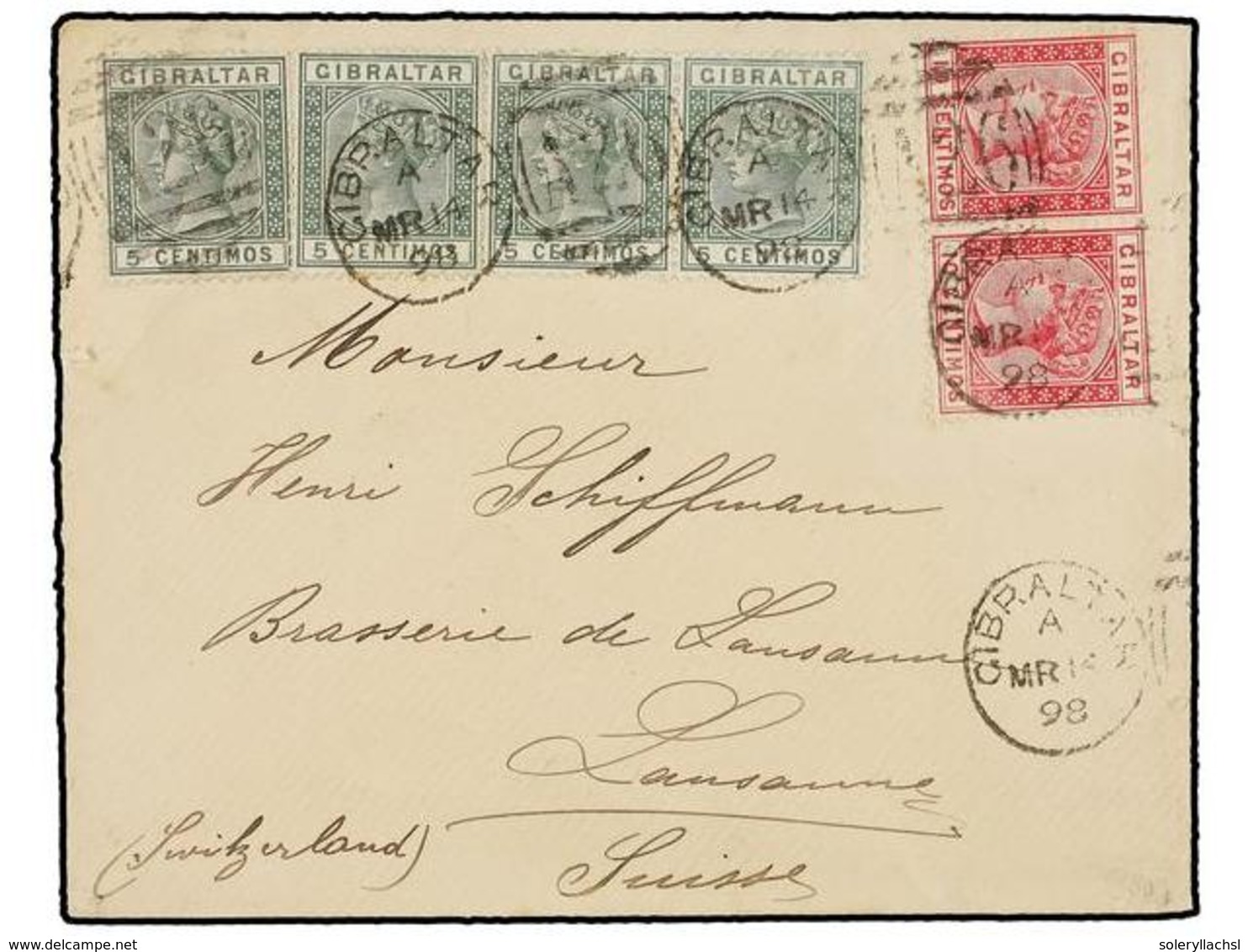 745 GIBRALTAR. 1898. GIBRALTAR To SWITZERLAND. <B>5 Cts.</B> Green (4),<B>10 Cts.</B> Red (2) Arrival On Reverse. - Andere & Zonder Classificatie