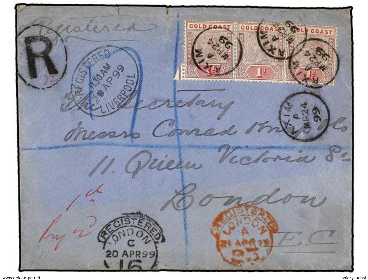 748 COSTA DE ORO. 1899. AXIM To LONDON.<B> 1 D.</B> (3), <B>AXIM </B>cds, Arrival On Front. - Andere & Zonder Classificatie