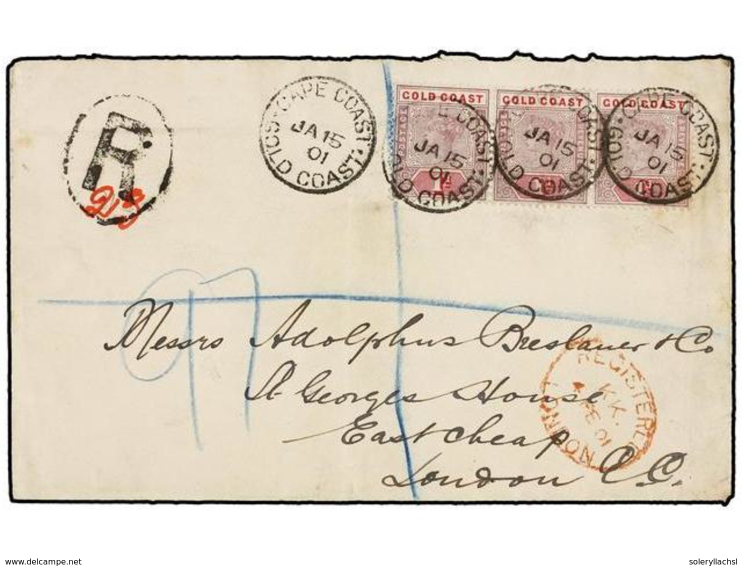 749 COSTA DE ORO. 1901. CAPE COAST To LONDON.<B> 1 D. </B>strip Of Three, Arrival On Front. - Andere & Zonder Classificatie