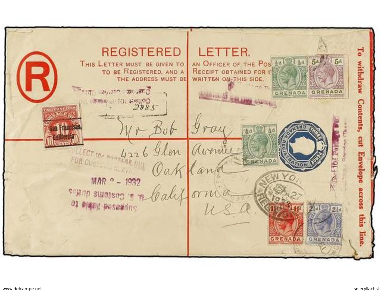 751 GRENADA: GRENADINAS. 1932. GRENADA To USA. <B>3 Pence</B> Registered Postal Stationary Envelope Uprated With <B>1/2  - Andere & Zonder Classificatie