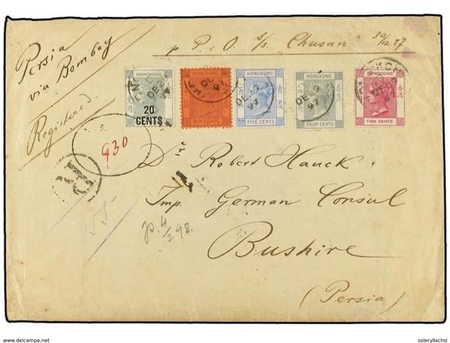 753 HONG KONG. 1897 (Dec 29). Registered Cover With Complete Original Contents, Endorsed 'per P. & O. Chusan' Steamer, M - Other & Unclassified