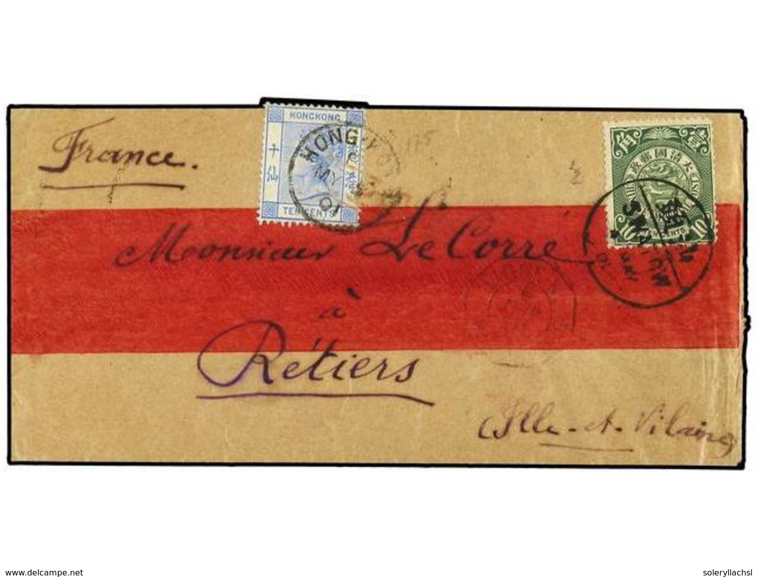 754 HONG KONG. 1901. Red Band Envelope To FRANCE Bearing Chinese Imperial Post <B>10 Cents</B> Green (SG 113) Tied By <B - Other & Unclassified