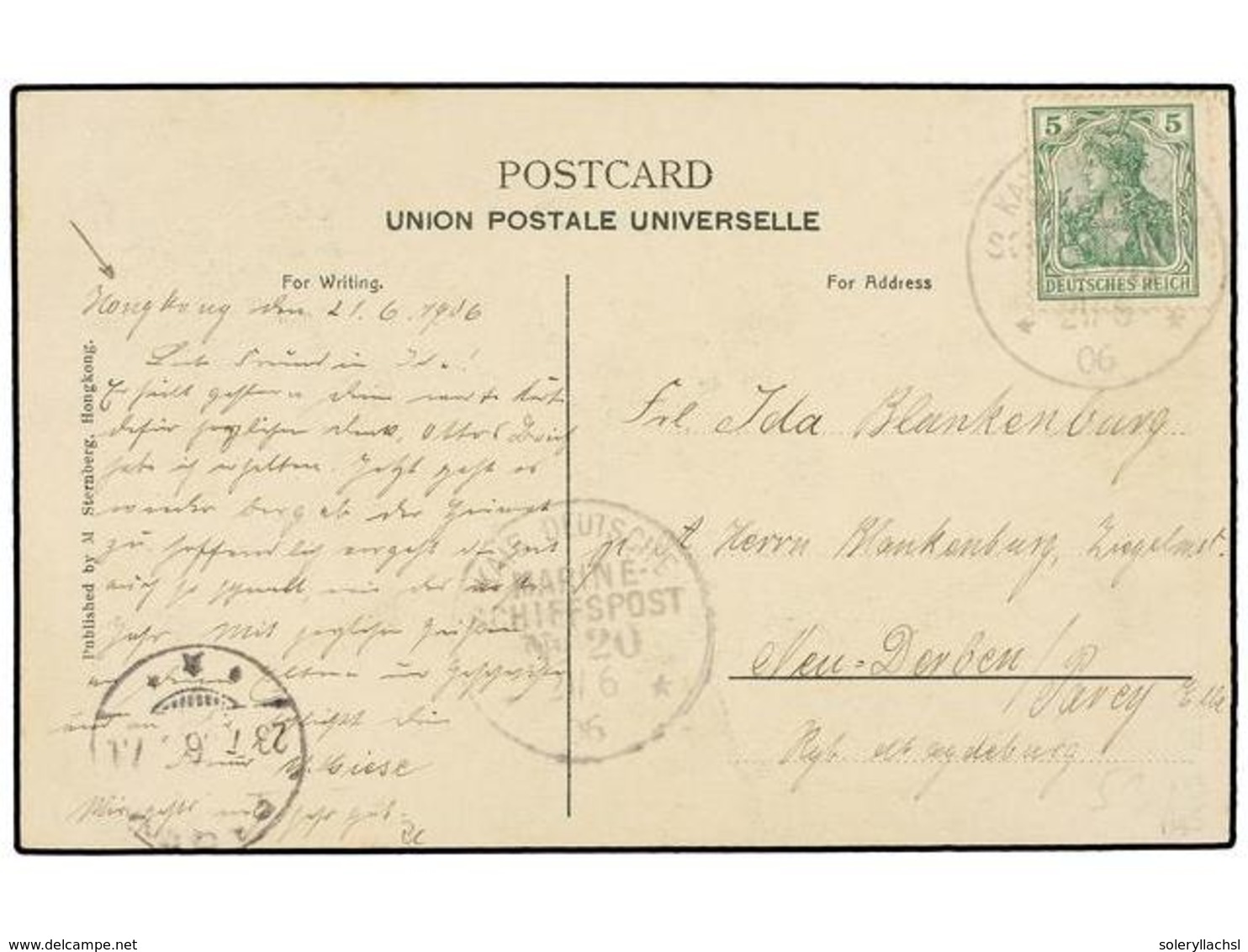 756 HONG KONG. 1906. HONG KONG To GERMANY. Postcard Sent Directly To German Ship With <B>5 Pf.</B> Green German Stamp Ca - Sonstige & Ohne Zuordnung