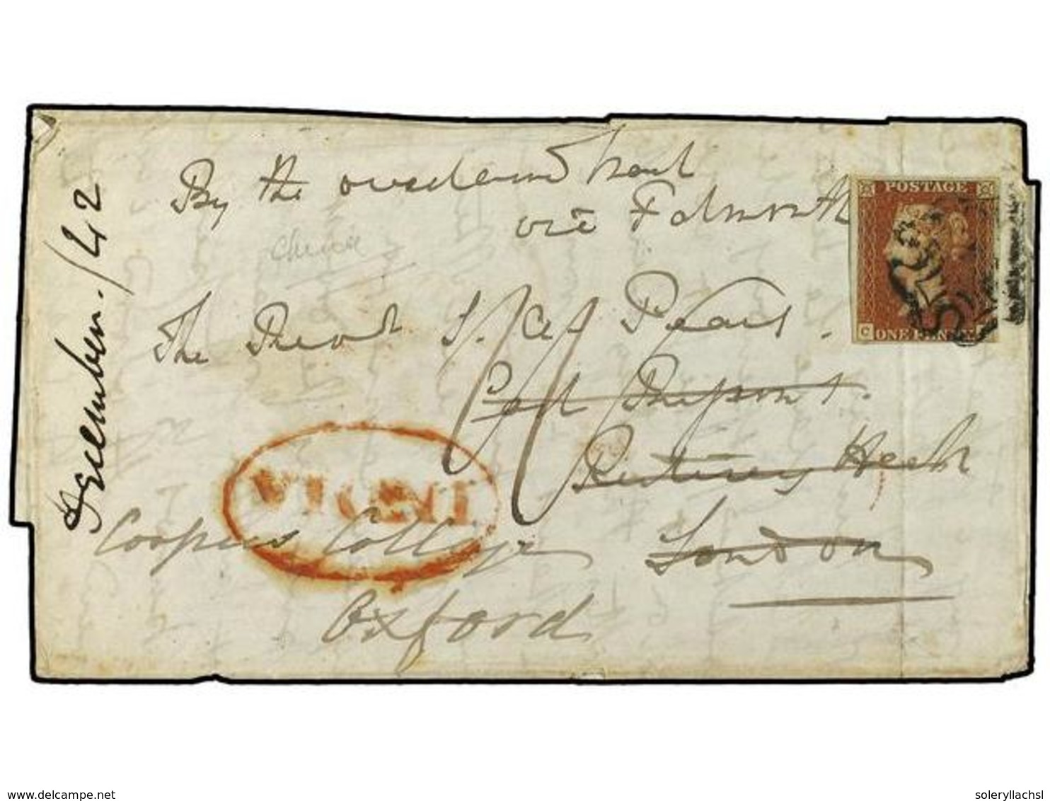 758 INDIA INGLESA. 1842 (Dec). Entire Letter From India To London, Endorsed 'per Overland Mail Via Falmouth' At Top, Ova - Andere & Zonder Classificatie